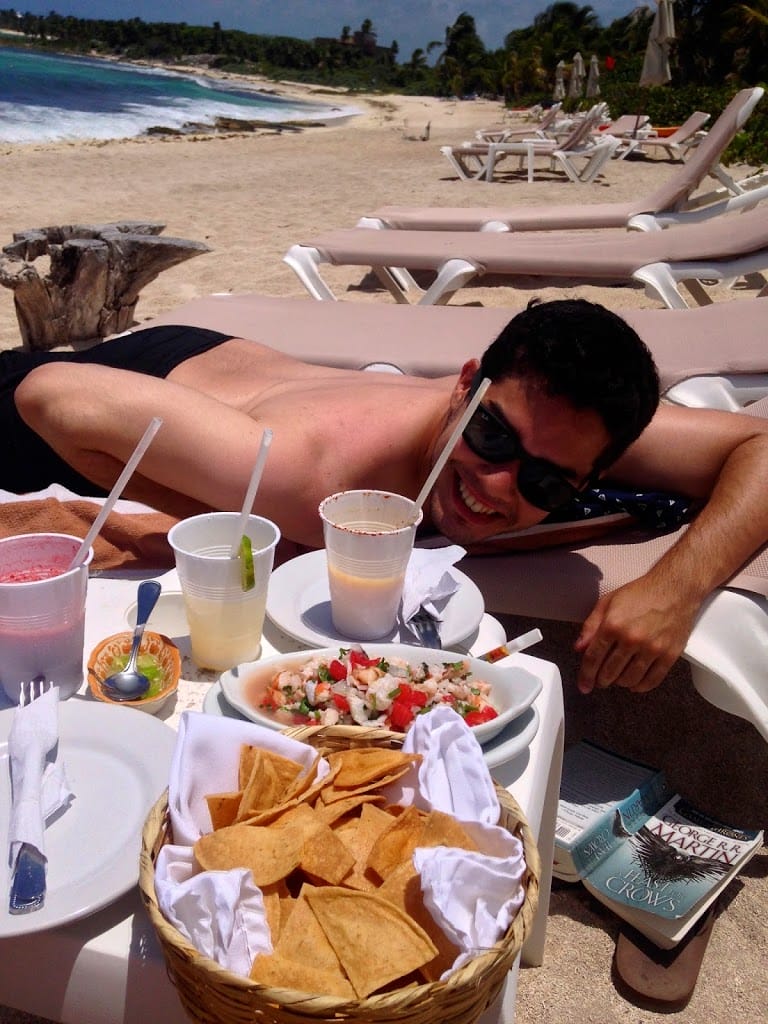 Chillin on the beach eating ceviches drinking margaritas on the beach in Tulum Mexico