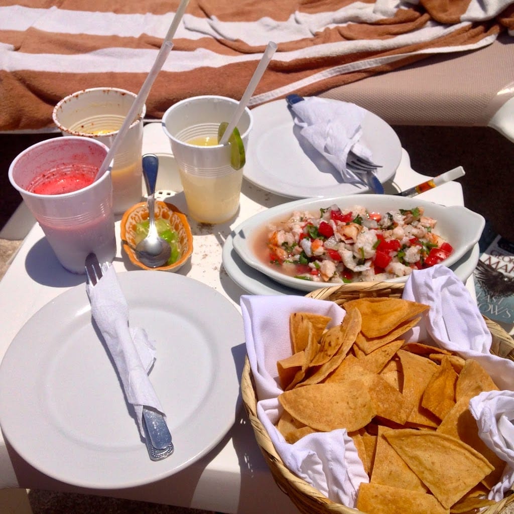 Ceviche, Chips and margaritas on the beach in Akumal, Tulum, Mexico