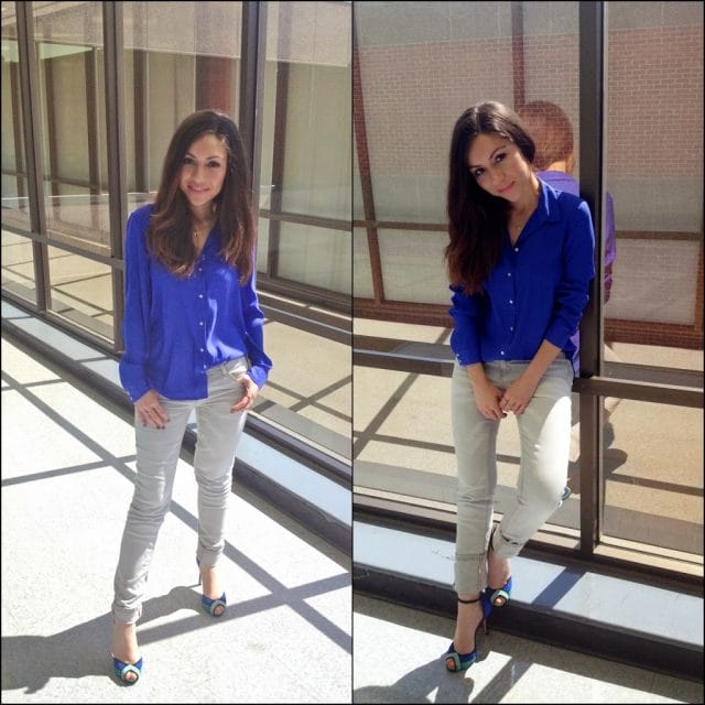 Color-block high heels and jeans for work