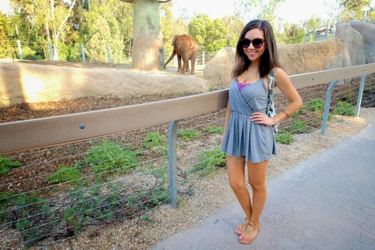 Blogger Nihan showing her outfit, a casual grey romper and a pineapple backpack at the San Diego Zoo