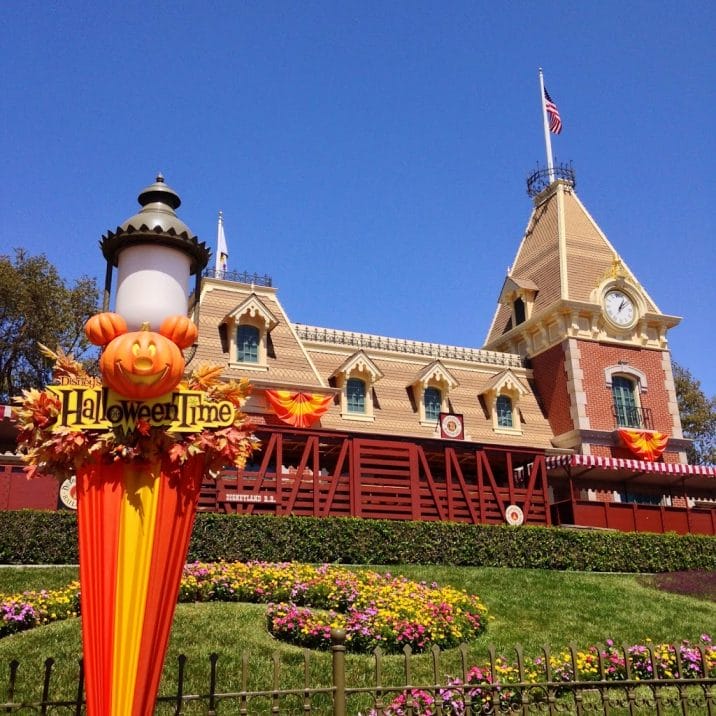 Entrance of Disneyland with decorations during Disneyland Halloween Time