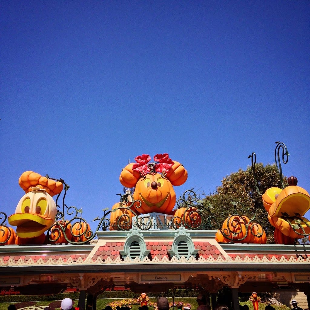 Entrance of Disneyland with decorations during Halloween