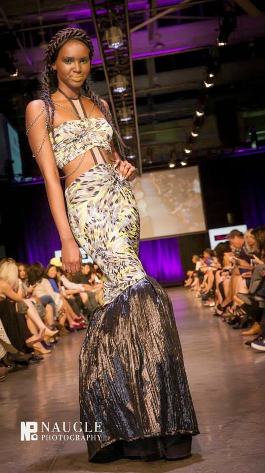 Model wearing a tailed mermaid dress during Fashion Week San Diego 2014 Night 3