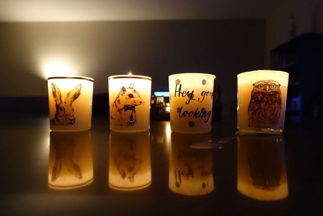 rabbit, car and owl candles and reflections