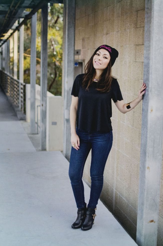 Fashion model showing her fancy and casual and edgy outfit