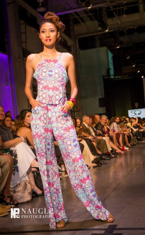 Salwa Owens Spring 2015 Collection Jade Jumpsuit in Turquoise Blurred Floral showcased at Fashion Week San Diego 2014 Finale Night