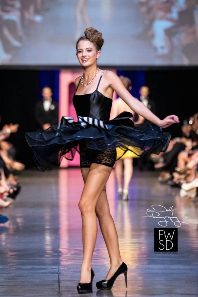 Satin little black dress, cocktail/prom dress with tulle skirt by WishNow by Victoria Roberts, on Fashion Week San Diego 2014 Finale Night