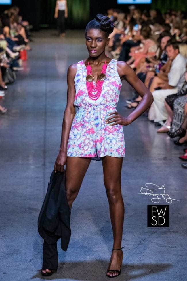 Salwa Owens Spring Collection Esme Romper in Turquoise Blurred Floral showcased at Fashion Week San Diego 2014 Finale Night