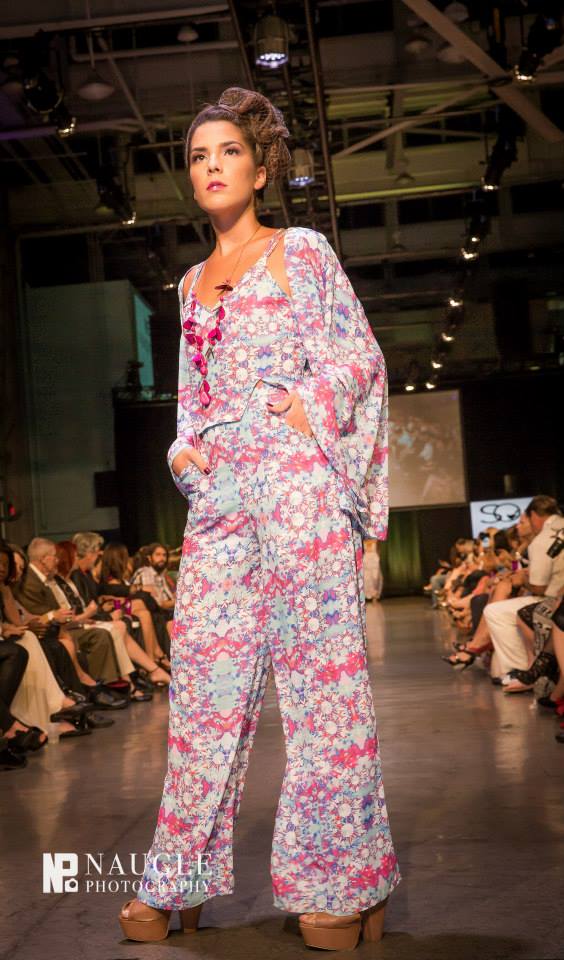 Salwa Owens Spring Collection  Aria Top, Ella Palazzo Pants and Kimona Jacket in Turquoise Blurred  Floral showcased at Fashion Week San Diego 2014 Finale Night