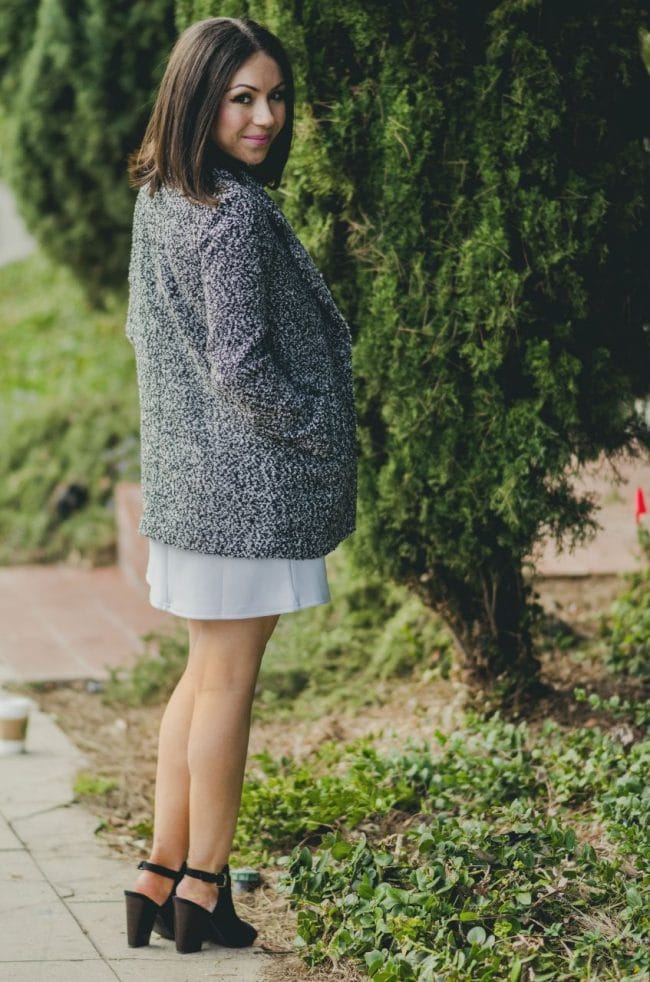 Nihan Gorkem wearing baby blue Asos mod dress Nordstrom grey and white coat JustFab black open toe booties and jewelry - winter baby blues
