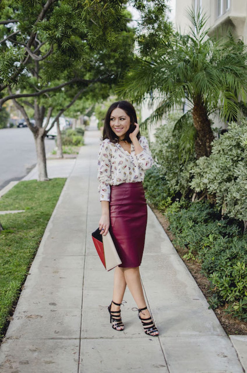 Maroon leather deals pencil skirt