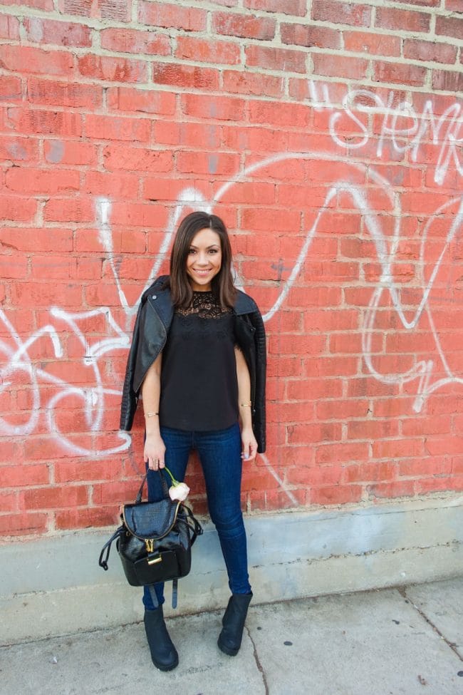 Nihan wearing black Topshop leather jacket, Topshop jeans and Topshop lace black top in Downtown Los Angeles