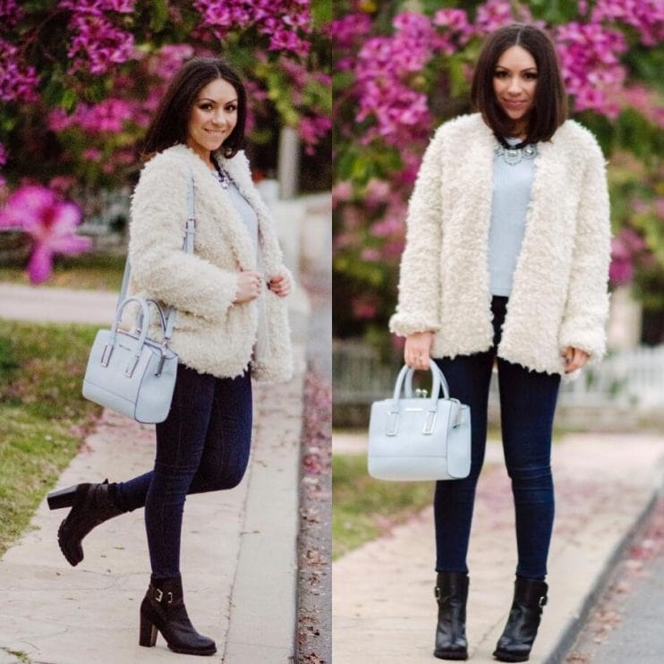 Nihan wearing a white H&M Fur Coat, Baby Blue River Island Purse, Topshop jeans and JustFab Boots