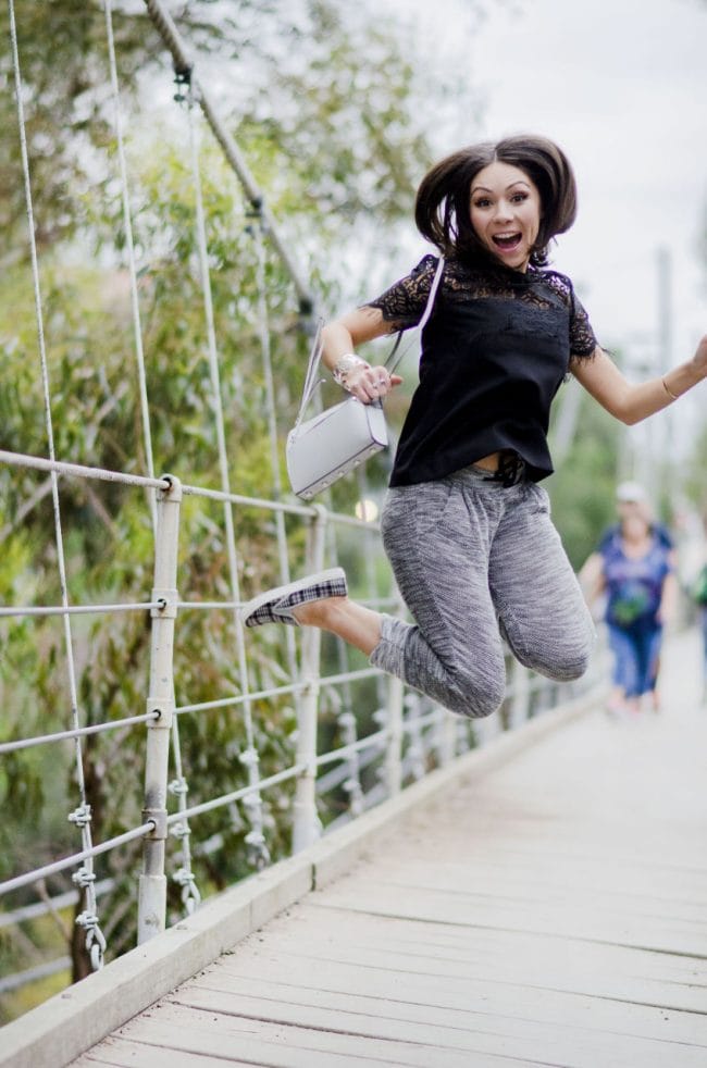 Nihan Jumping on Suspension Bridge San Diego looking funny