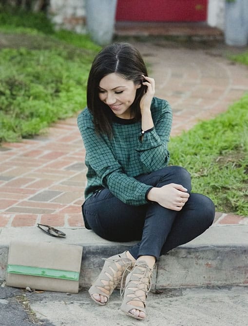 Fashion Blogger Nihan wearing a green Asos top, nude Chinese Laundry jigsaw high-heels and black leather Rock & Republic pants