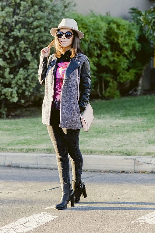 Blogger Nihan wearing Asos pink floral top, H&M grey tweed jacket and Nordstrom panama hat
