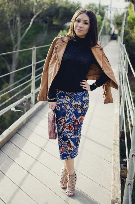 Nihan wearing Blue Animal Printed Topshop Skirt, tan leather Zara jacket and nude Chinese Laundry High Heels