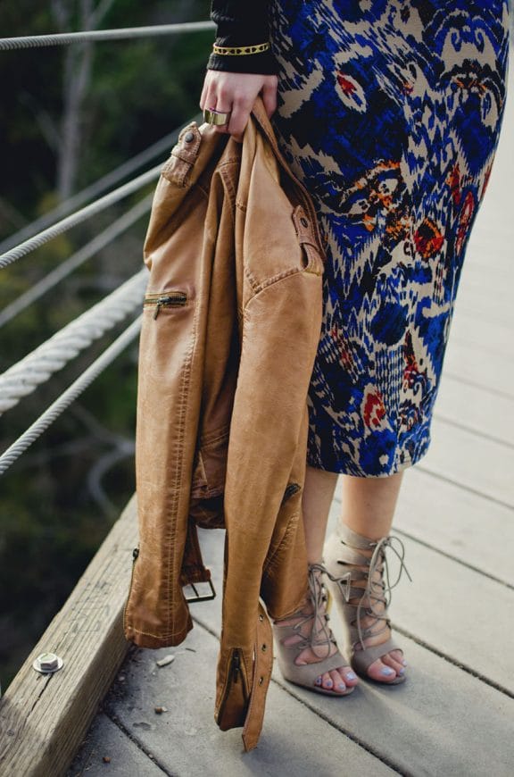 Nihan wearing Blue Animal Printed Topshop Skirt, tan leather Zara jacket and nude Chinese Laundry High Heels
