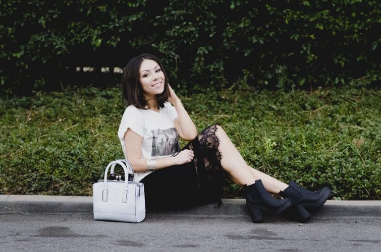 Nihan wearing Brandy Melville white t-shirt with foxes and black H&M platform boots