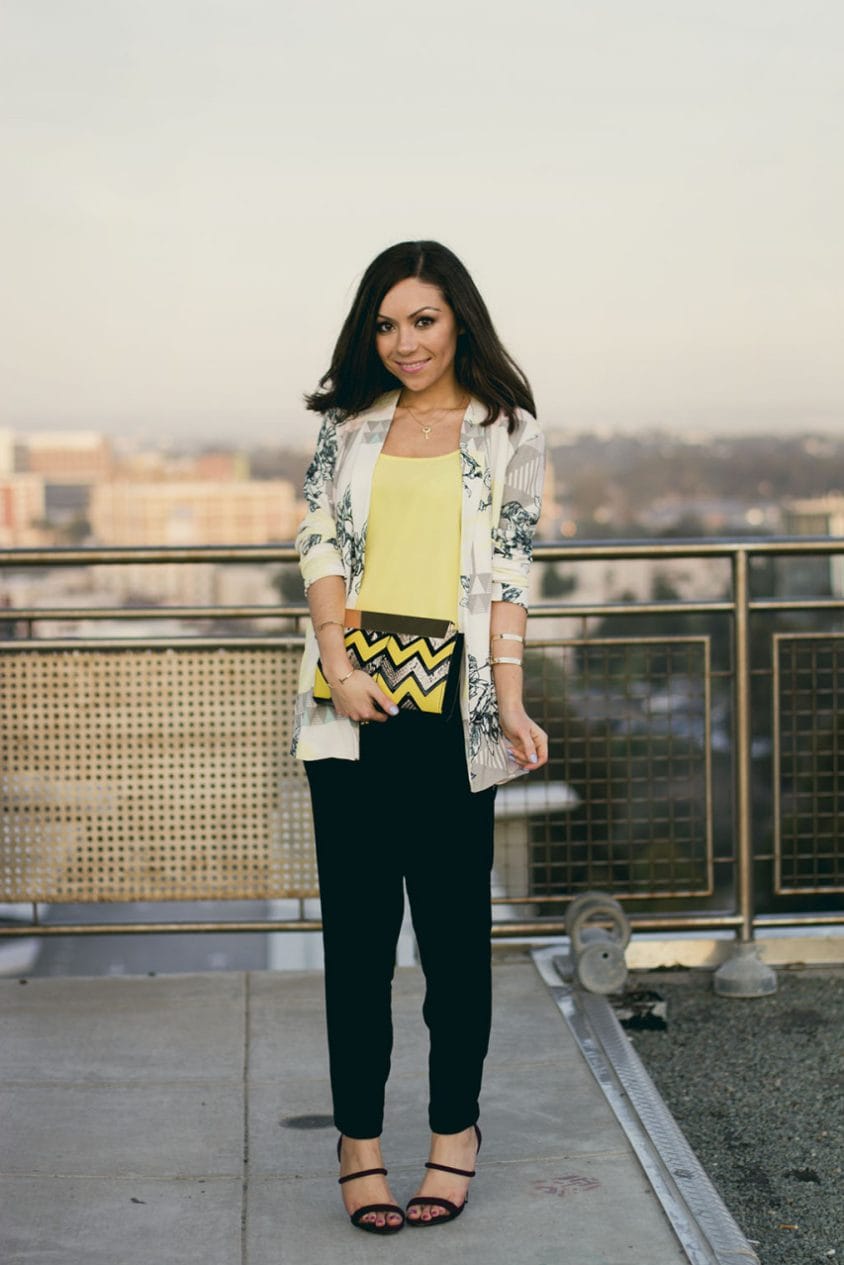 Blogger and stylist Nihan Gorkem wearing Asos geometric print blazer, yellow tank top, Topshop trousers and Forever 21 high heels