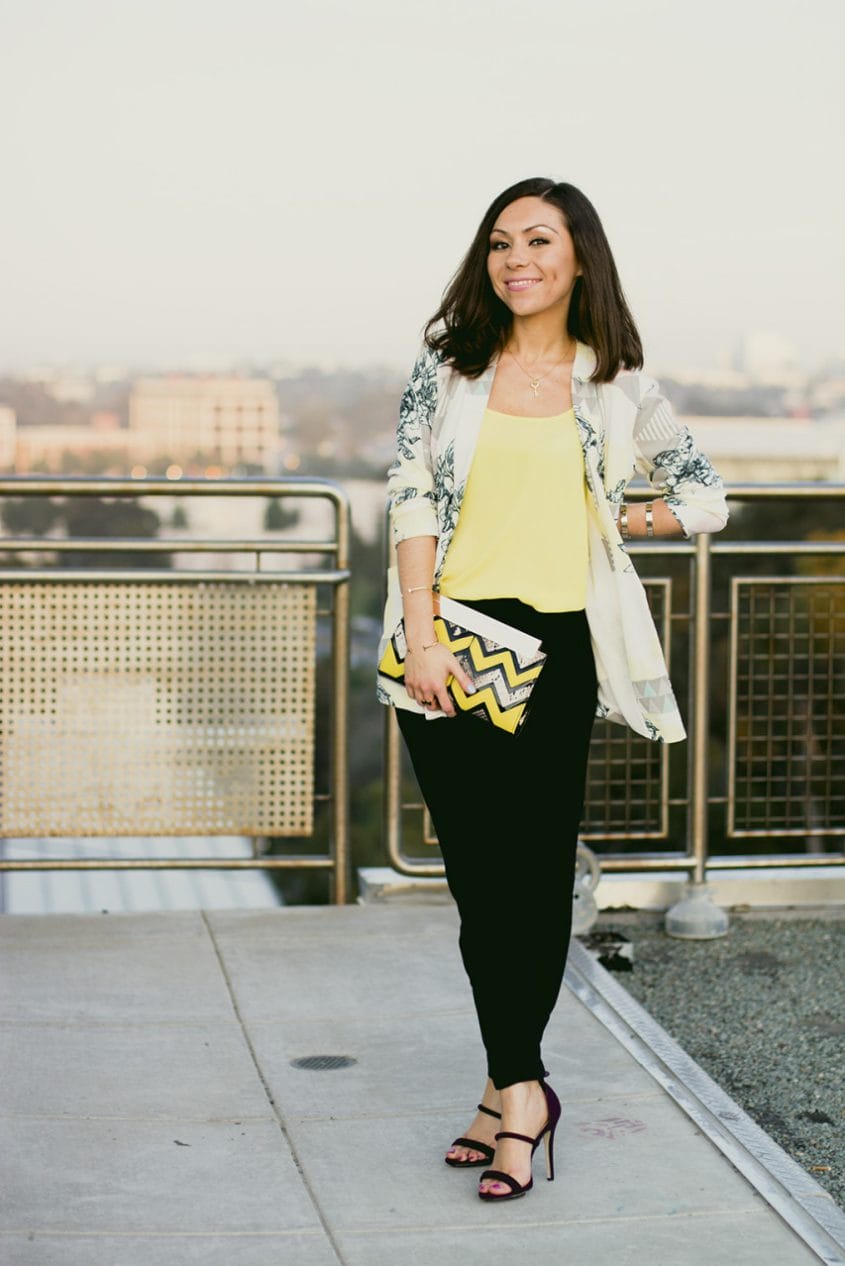 Blogger Nihan wearing Asos geometric print blazer, yellow tank top, Topshop trousers and Forever 21 high heels