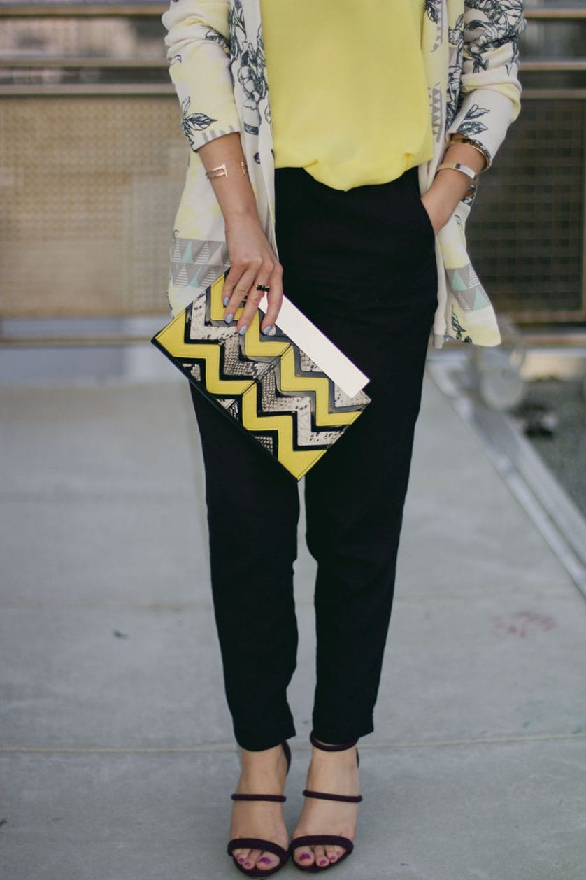Stylist Nihan wearing Asos geometric printed blazer, Asos printed clutch, Topshop trousers and Forever 21 high heels