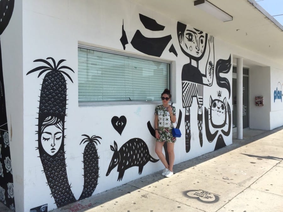 Black and white cartoon mural in Wynwood Walls, Miami