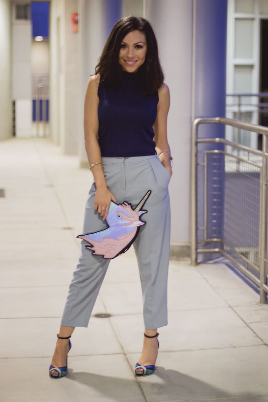 Nihan wearing topshop blue culottes and unicorn purse from asos