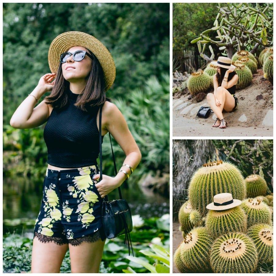 Nihan wearing floral print shorts from Topshop and Lack of Color Spencer Fedora Hat