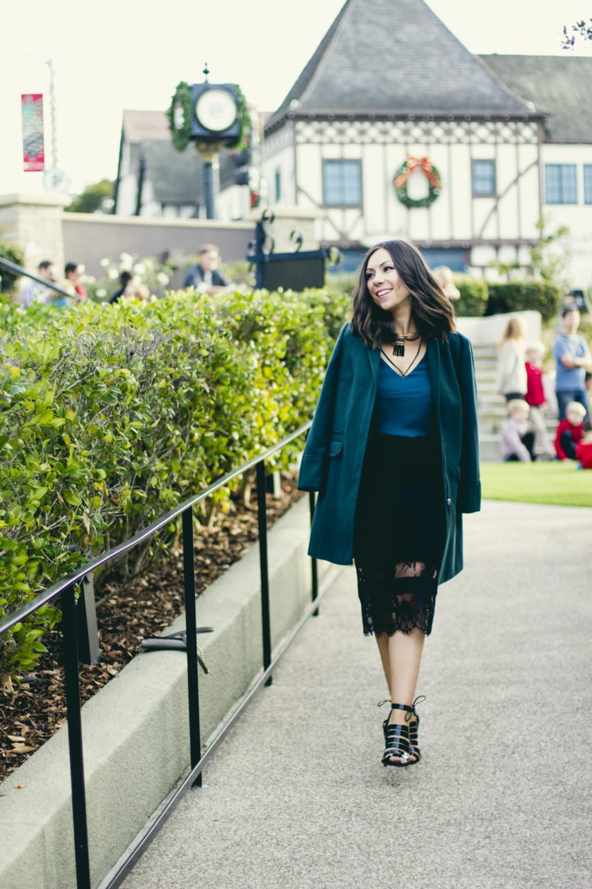 Topshop Holiday party outfit Topshop green coat, Topshop lace skirt, Topshop cami top and Topshop high-heels