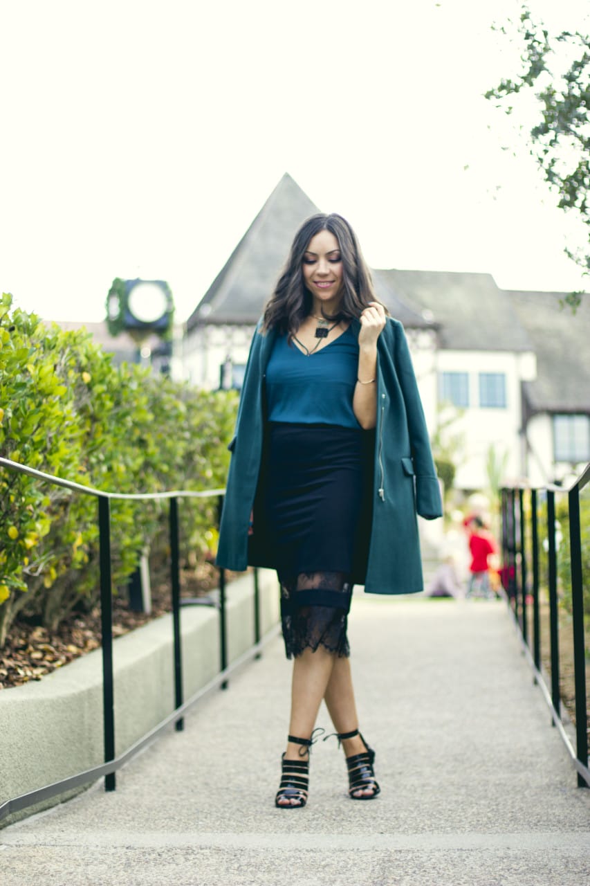 Holiday party outfit Topshop green coat, Topshop lace skirt, Topshop cami top and Topshop high-heels