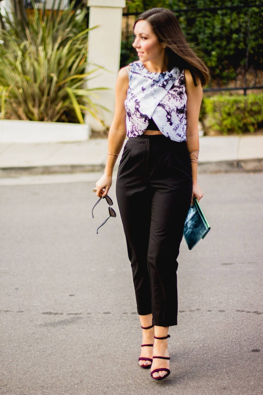 Topshop black tapered trousers and crop shell top
