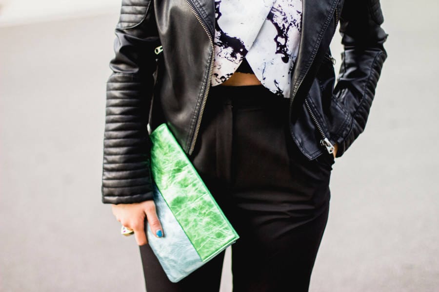 Topshop leather jacket and metallic clutch
