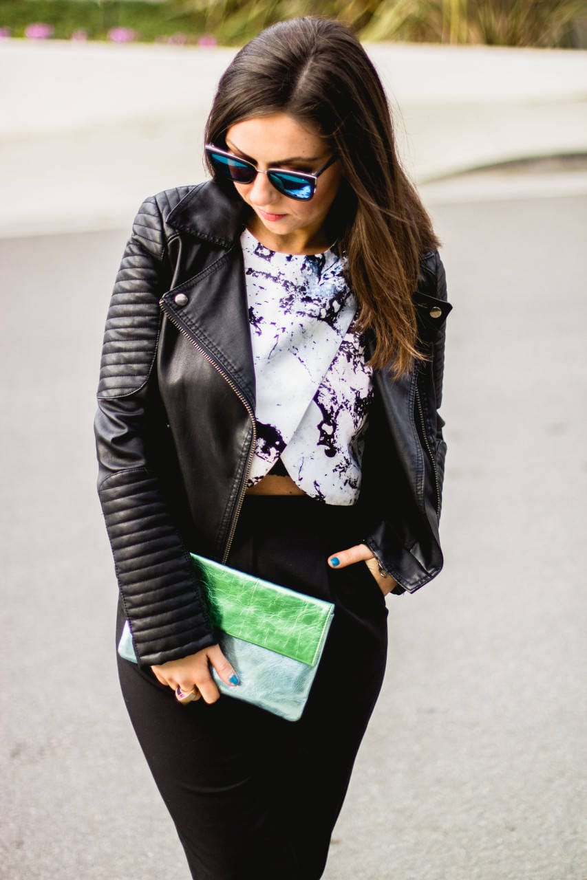 Topshop leather biker jacket and print crop top