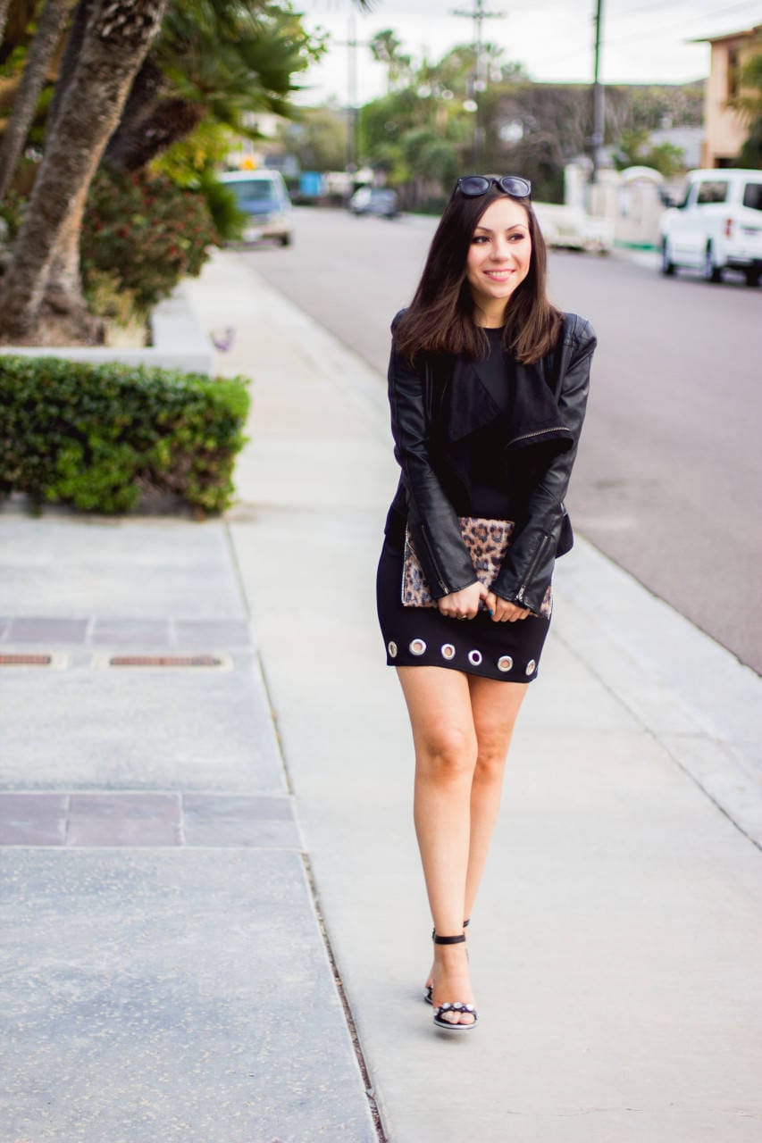 Topshop mini black eyelet bodycon dress and black leather jacket