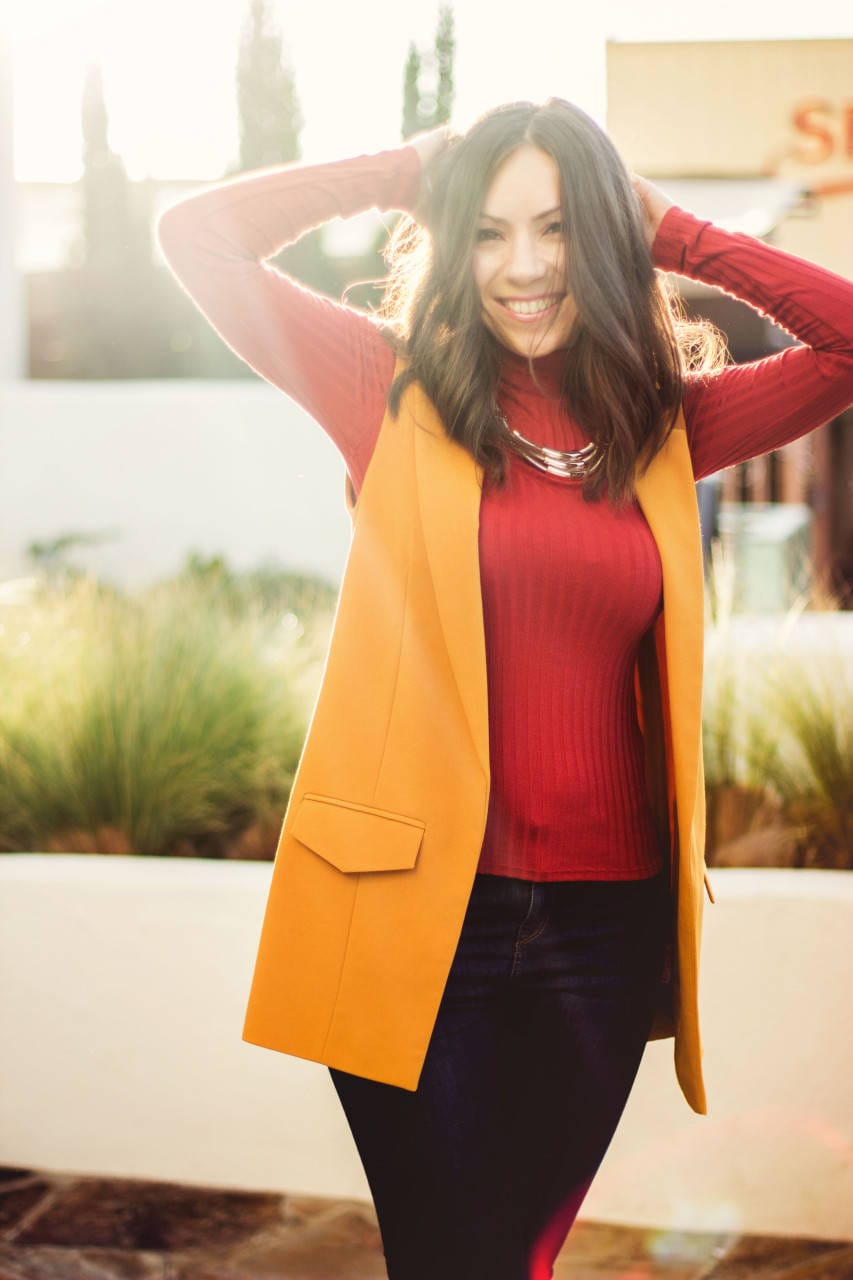 Blogger Style with Nihan wearing a Topshop red turtleneck top and mustard yellow sleeveless jacket