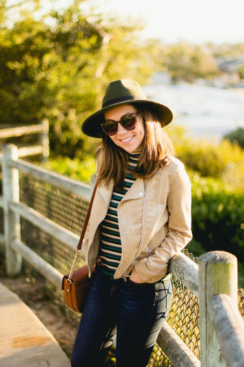 Green wool hat and tan biker jacket