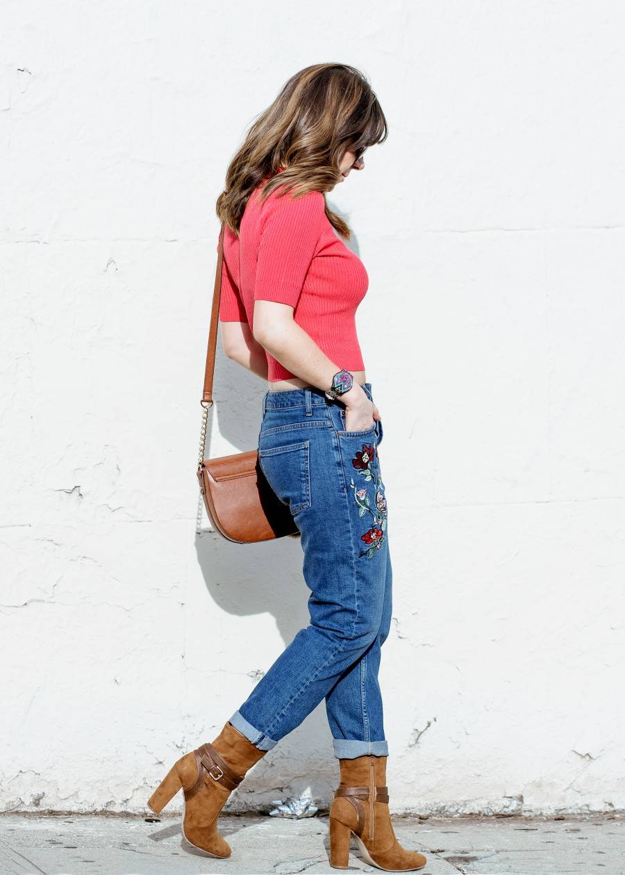Floral embroidered denim jeans