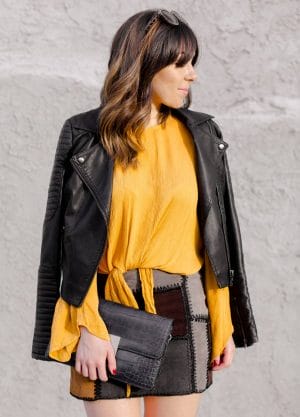 Zara leather patchwork skirt and Zara mustard top