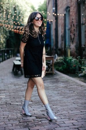 Style with Nihan in Arts District wearing black lace mini dress