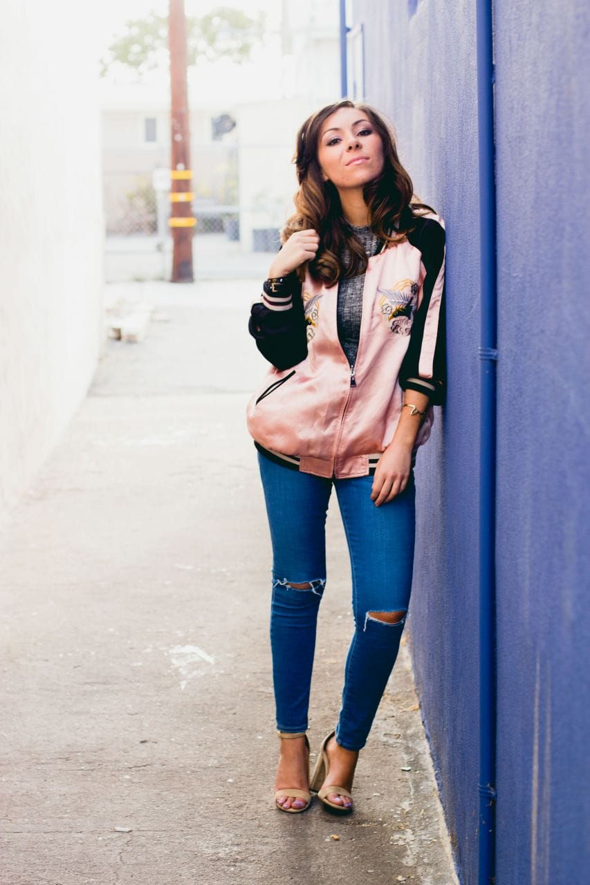 Topshop jeans and Japan print bomber jacket Zara