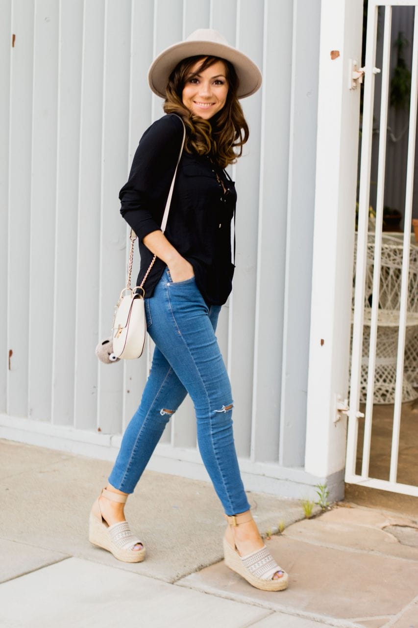 h&m lace up blouse and Marc Fisher espadrille wedges