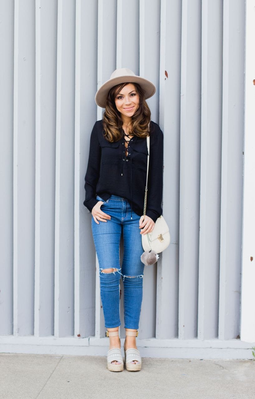 h&m lace up blouse and Forever 21 fedora hat
