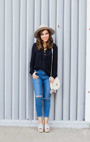 h&m lace up top and Forever 21 fedora hat
