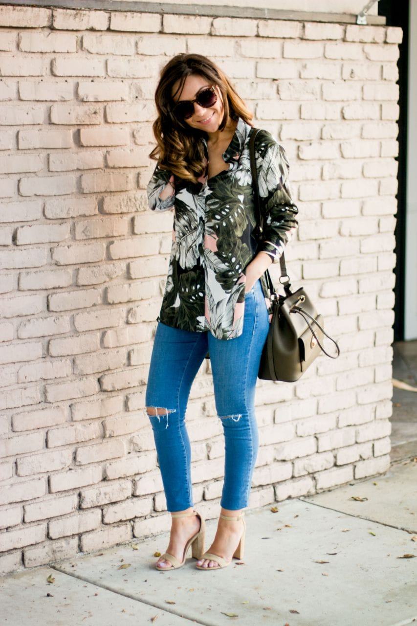 Los Angeles style blogger Oversized palm print shirt and bucket bag Topshop