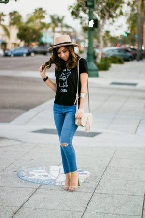 Urban Outfitters fedora hat and Forever 21 fringe bag - denim and nude