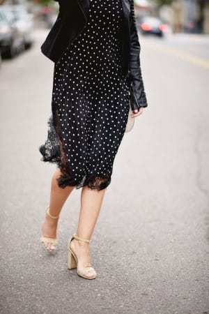 lace detail black midi polka dot dress