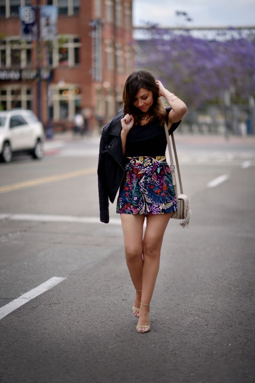 Print shorts and off the shoulder bodysuit - Style with Nihan