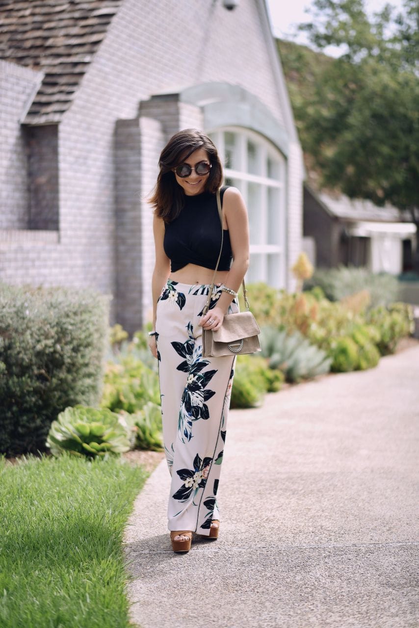 Resort chic Zara floral pants and Topshop crop top