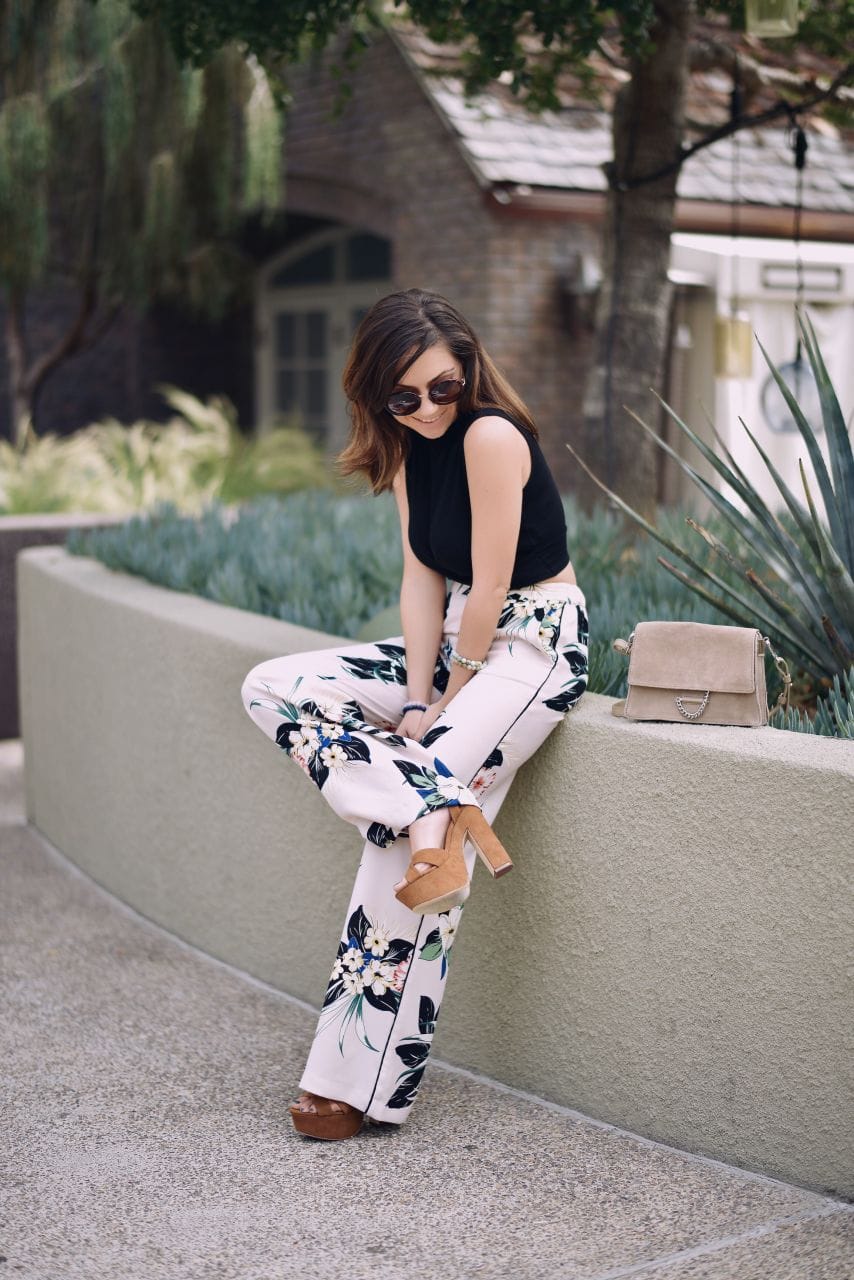 Resort chic - Zara floral wide leg pants and Mango suede bag